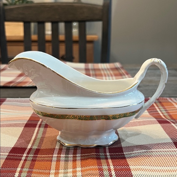 Edwin M. Knowles Gravy Boat White with Green & Gold Trim - Picture 2 of 16
